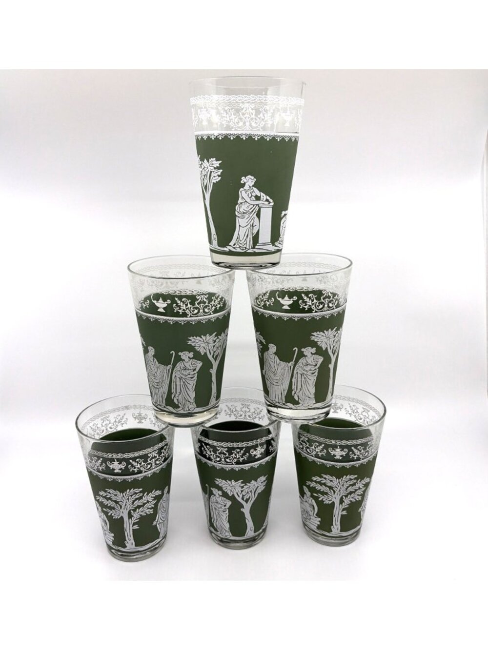 Vintage Jeannette Hellenic Green Set of 6 12 Oz Flat Tumblers Greek Roman Glass